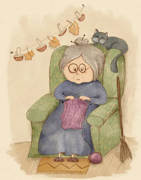 Menggambar Seorang Nenek Lucu Kursi Dan Kucing Tidur Sampingnya — Stok Foto