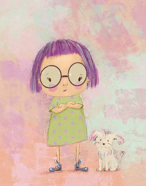 Kinderillustration Eines Mädchens Mit Hellen Haaren Und Einem Kleinen Hund lizenzfreie Stockfotos