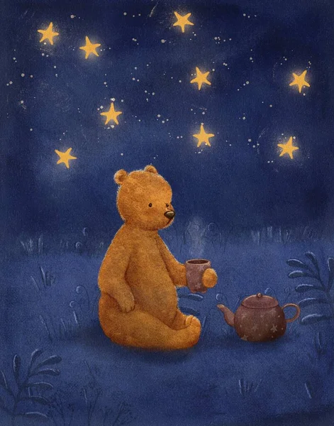 Watercolor drawing of a bear drinking tea at night under the stars