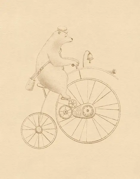 Watercolor drawing of a bear in steampunk style, traveler bear on steampunk transport