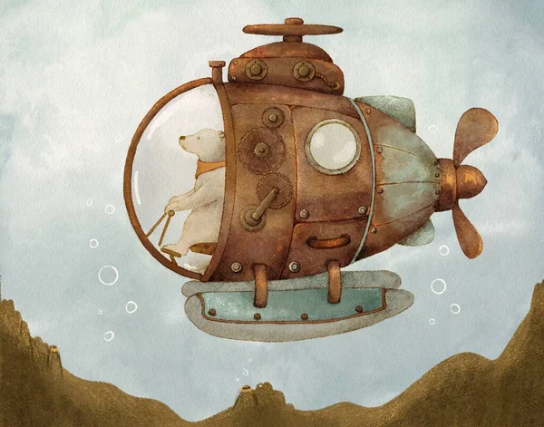 Aquarellzeichnung Eines Bären Steampunk Stil Reisebär Steampunk Transport lizenzfreie Stockbilder