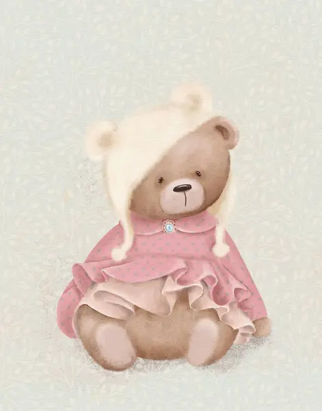 drawing of a cute teddy bear in a cap for a birthday card for children