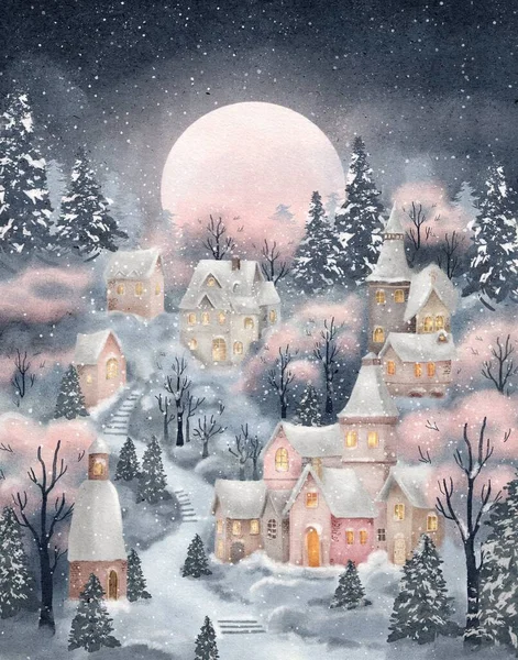 Рождественская Открытка Снежной Деревни Зимние Праздники Стоковое Изображение
