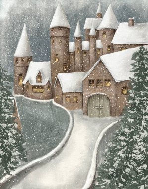 Illustration of a fairytale castle in winter in the snow, Christmas card clipart