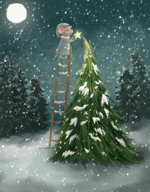Küçük fare ve Noel ağacının kış tatillerinde çizimi, orman hayvanlarıyla Noel kartı.