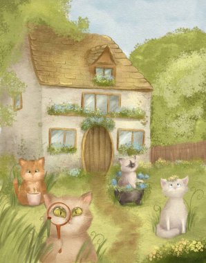 El yazısı kedicik kreş kedi illüstrasyonu çizgi film hayvanı tebrik kartı, kutlama kartpostalı