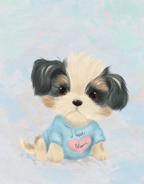 Cartoon drawing of a cute puppy in a T-shirt, pastel colors, pet