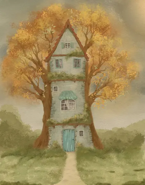 Illustration of a house in the forest, a hut for forest animals