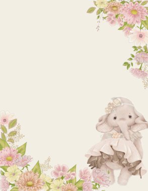 Tatil davetiyesi, bebek partisi davetiyesi, çiçek çerçevesi ve sevimli hayvan, pastel renkler.