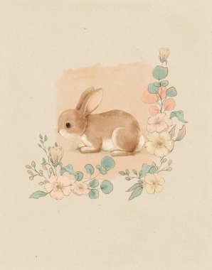 Suluboya Hayvan, çiçekli tavşan, bebek partisi davetiyesi, tebrik kartı, çocuklar için tatil