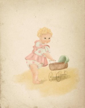 Vintage kart, küçük bir kız bebek beşiği ile