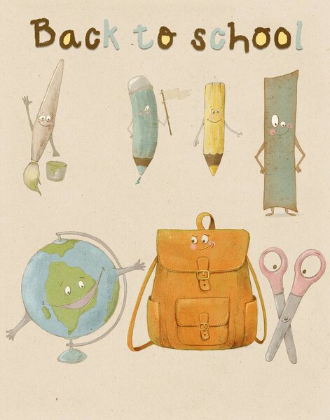 School Supplies Containing Back School Funny Illustration School Supplies Royalty Free Stock Photos