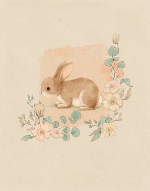   Tatil davetiyesi, tebrik kartı, çiçek, çiçek çerçevesi pastel renkler, sevimli tavşan.