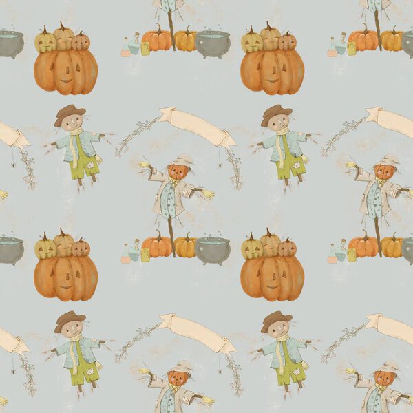 Cute Scarecrow Pattern Vintage Halloween Pattern Scarecrow Halloween Bash Stock Image