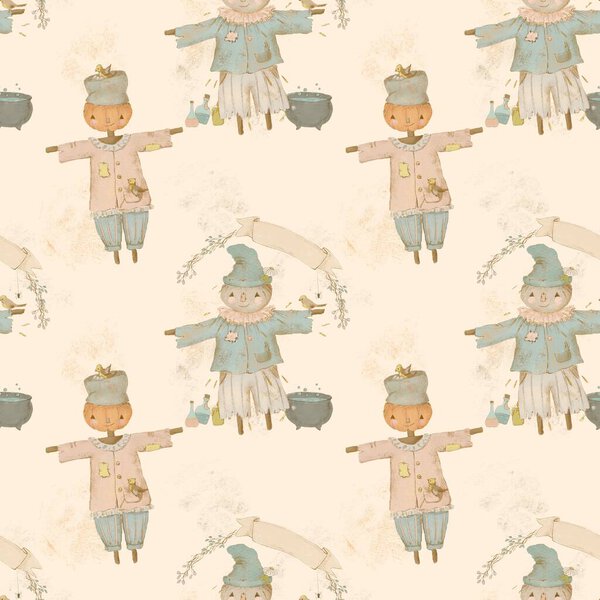 Cute Scarecrow Pattern Vintage Halloween Pattern Scarecrow Halloween Bash Royalty Free Stock Photos