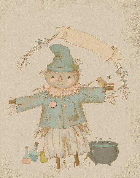 Cute Scarecrow Vintage Halloween Card Halloween Bash Invitation Stock Photo