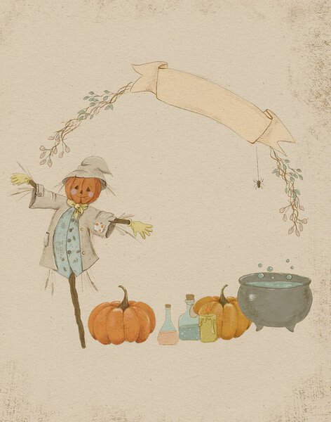 Cute Scarecrow Vintage Halloween Card Halloween Bash Invitation Stock Image