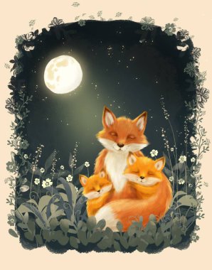   Kapak çocuk kitabı, tilki ailesi, gece sahnesi, ormandaki hayvan.