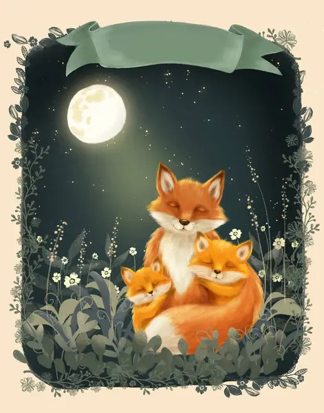   Kapak çocuk kitabı, tilki ailesi, gece sahnesi, ormandaki hayvan.