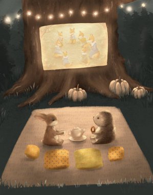 Gece sineması, hayvanlar oturur ve film izler, çay partisi
