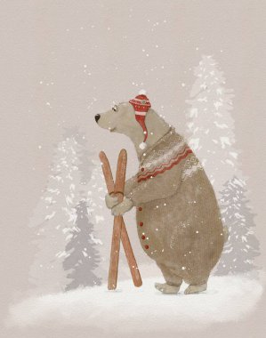 Kayaklarla ormanda yürüyen bir kutup ayısının suluboya resmi.