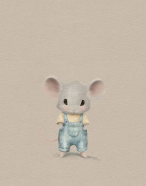 Giysiler içinde şirin bir fare resmi, şirin bir bebek hayvan çizimi.