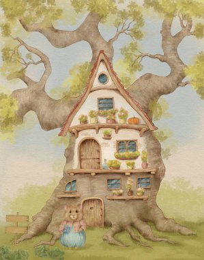 Tatlı bir hamsterın ve peri ormanındaki ağaç evinin bir çocuk odası resmi.