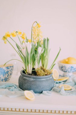 Limon ve Çiçek Masası, İtalyan Tarzı Masa Ayarları Sarı ve Mavi