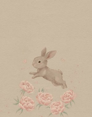 Havada tatlı bir tavşan, yumuşak yumuşak pastel suluboya, estetik, şakayık