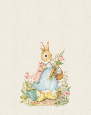 Tebrik kartı ya da davetiye için Şirin suluboya tavşan tasviri