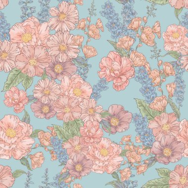   Mavi Arkaplanda Romantik Pembe Çiçeksiz Desen