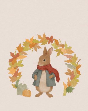 Sonbahar çelenginin önünde duran Tavşan 'ın şirin suluboya tırmanışı