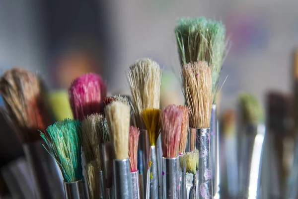 stock image Artist's profession in detail, close-up-colored brushes, narrow focus area