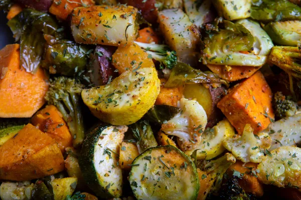 Assorted Sauted Vegetables Including Sweet Potato Squash Cauliflower Brussel Sprouts — Stock Photo, Image