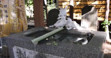 Tokyo 'daki Tanashi Tapınağı' nda geleneksel bir manzara. Nishitokyo bölgesi Tanashi Tokyo Japonya 10.20.2022 Bu bir chozuya. Bir tapınakta ellerini yıkayıp ağzını çalkaladığın bir yer. Yüksek