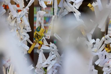 A traditional landscape at Japanese Shrine. High quality photo. Nishitokyo district Tanashi Tokyo Japan 10.20.2022 Its a kind of fortune-telling. We can receive a message from god when we visit a