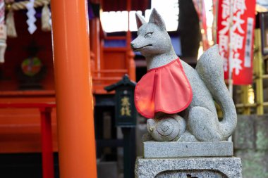 A statue of fox at Japanese Shrine. High quality photo. Nishitokyo district Tanashi Tokyo Japan 10.20.2022 This statue is called Oinarisan. 