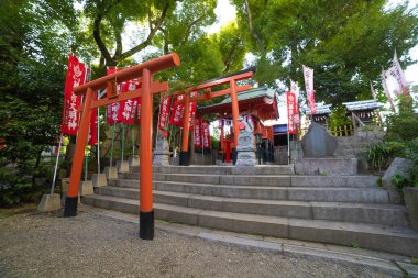 A traditional gate at Japanese Shrine. High quality photo. A traditional landscape at Tanashi Shrine in Tokyo. Nishitokyo district Tanashi Tokyo Japan 10.20.2022 It is called Torii.
