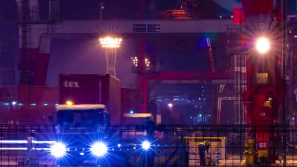Een Nachtelijke Tijdspanne Van Kraan Nabij Containerhaven Aomi Tokyo Hoge — Stockvideo
