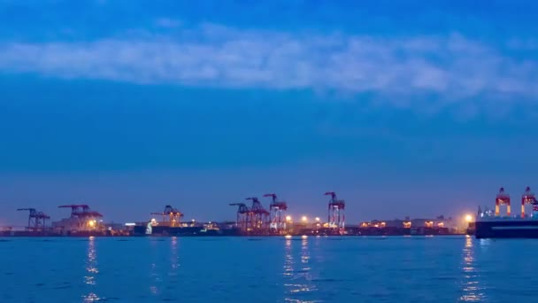 Zmierzch Timelapse Miejskiego Krajobrazu Pobliżu Kontenerowego Portu Tokio Szerokim Strzale — Wideo stockowe