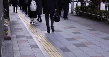 Şehir caddesinde yürüyen insanlardan oluşan bir kalabalık. Yüksek kalite 4K görüntü. Chuo bölgesi Tokyo 01.18.2023 Tokyo 'da bir elektrik çeyreği. Tokyo 'nun merkezindedir.. 