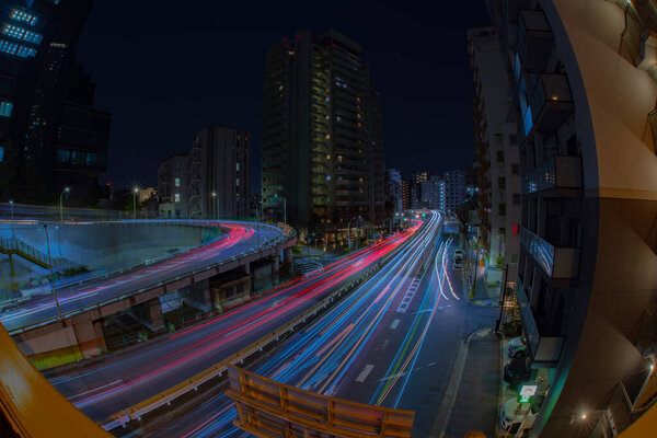 A night traffic jam at Yamate avenue in Tokyo. High quality photo. Meguro district Ohashi Tokyo Japan - 02.09.2023 It is neon street at the urban city.