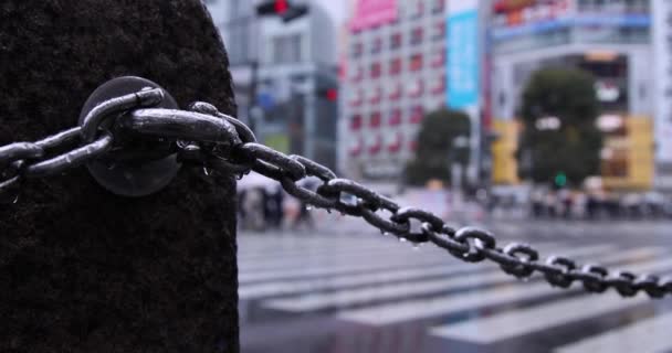 Una Cadena Plata Detrás Gente Caminando Shibuya Cruzando Día Lluvioso — Vídeos de Stock