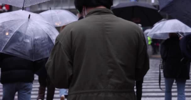 Paseando Gente Shibuya Cruzando Día Lluvia Imágenes Alta Calidad Shibuya — Vídeos de Stock
