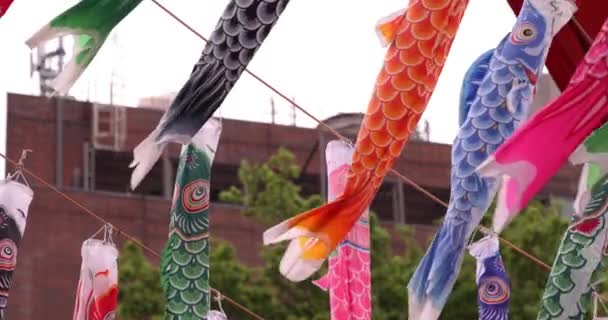 Karpfenluftschlangen Der Stadt Bewölkten Tag Teleaufnahmen Geschossen Hochwertiges Filmmaterial Minato — Stockvideo