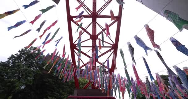 Karp Streamers Botten Tokyo Tower Molnigt Dag Bred Skott Högkvalitativ — Stockvideo