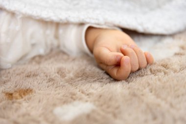 Halıda uyuyan Asyalı bir bebeğin sağ eli. Yüksek kalite fotoğraf. 02.25.2023. Bu bir yıllık bir çocuk eli..