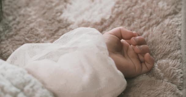カーペットの上でアジア系の赤ん坊の手をつないで眠る 高品質4K映像 2023 これは1歳の子供の手です — ストック動画