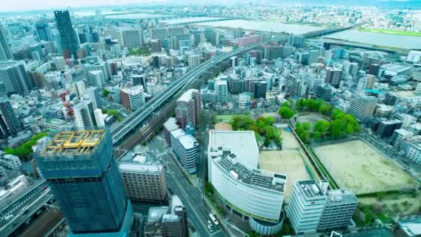 Timelapse Panorama Stadsbild Nära Yodo Floden Osaka Högkvalitativ Film Asahi — Stockvideo