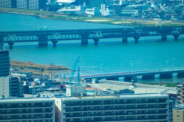 Panorama Stadsbild Nära Yodo Floden Osaka Telefonbild Högkvalitativt Foto Asahi — Stockfoto